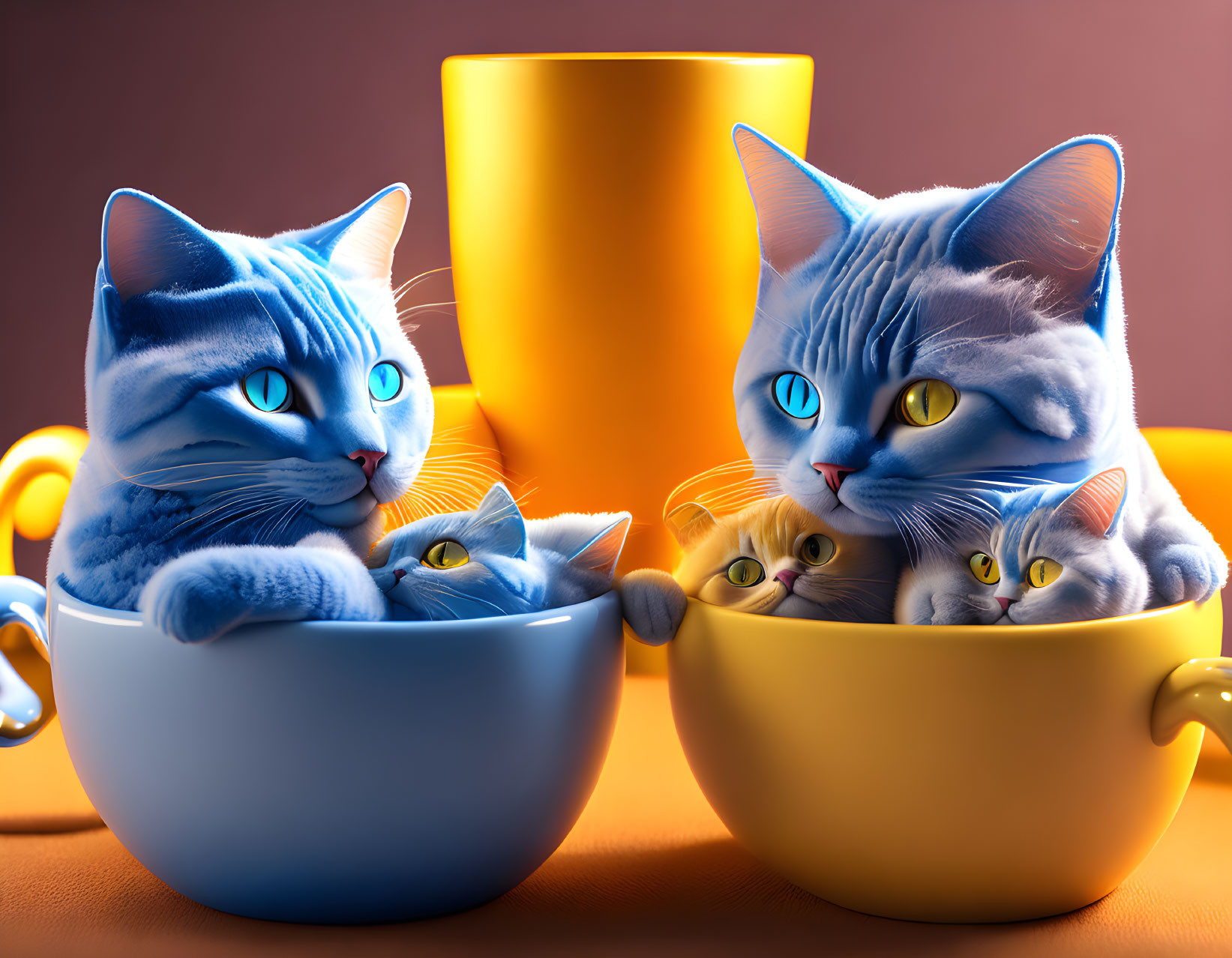 Blue cats with teacup cats on warm background