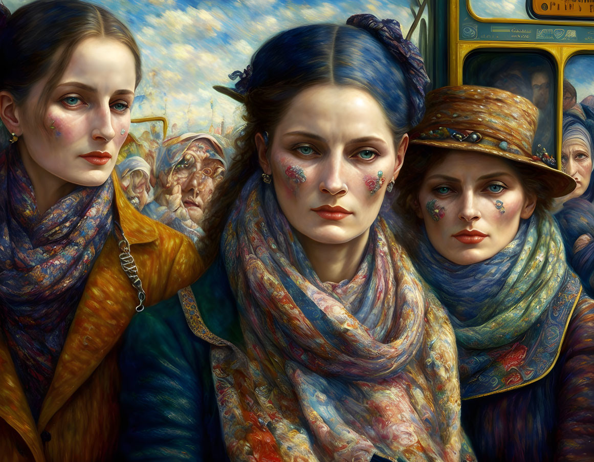 Realistic portrait of three women with painted faces and scarves in urban setting