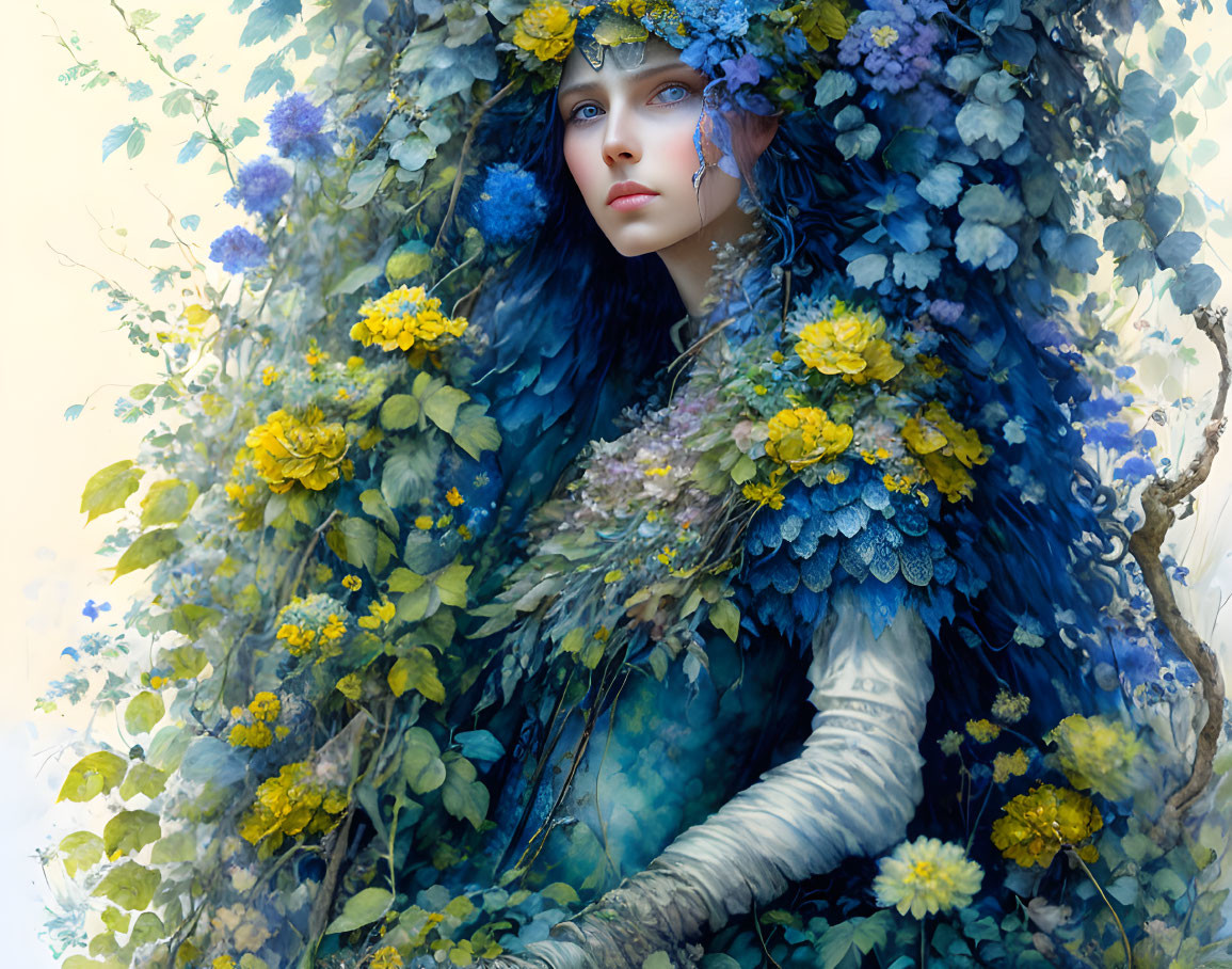 Fantasy-themed illustration of woman with blue and yellow flowers.