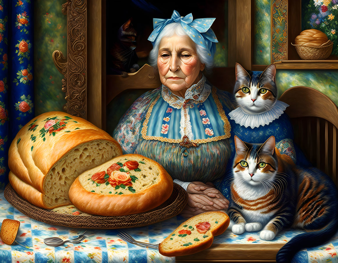 Elderly woman with blue headscarf, two cats, and floral bread on table