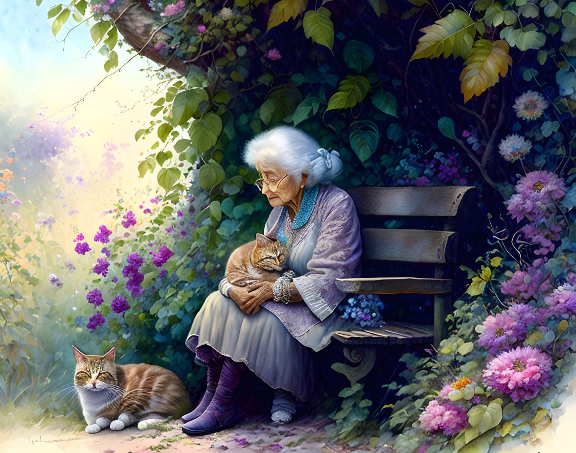 Elderly woman with ginger cat on bench in garden scene