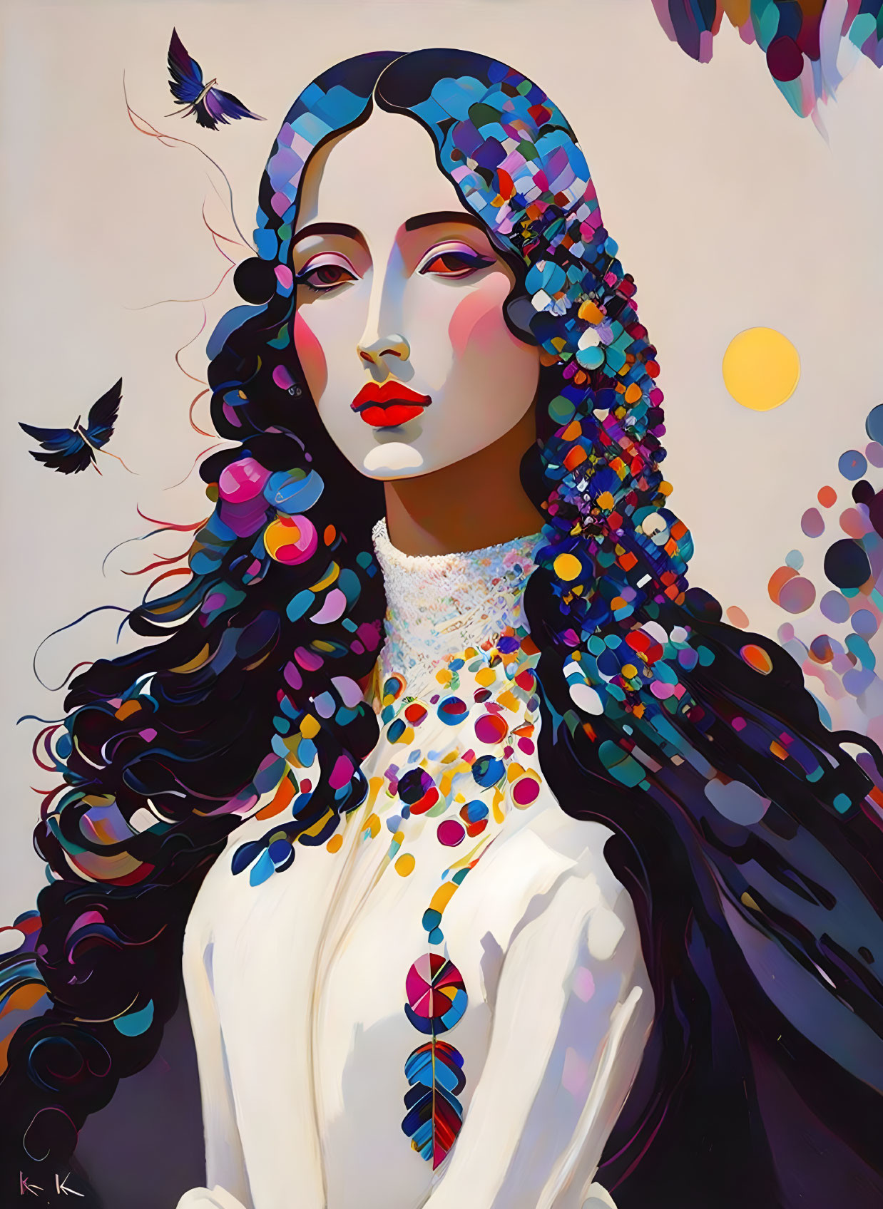 Colorful painting of woman with dark hair and butterflies on cream background