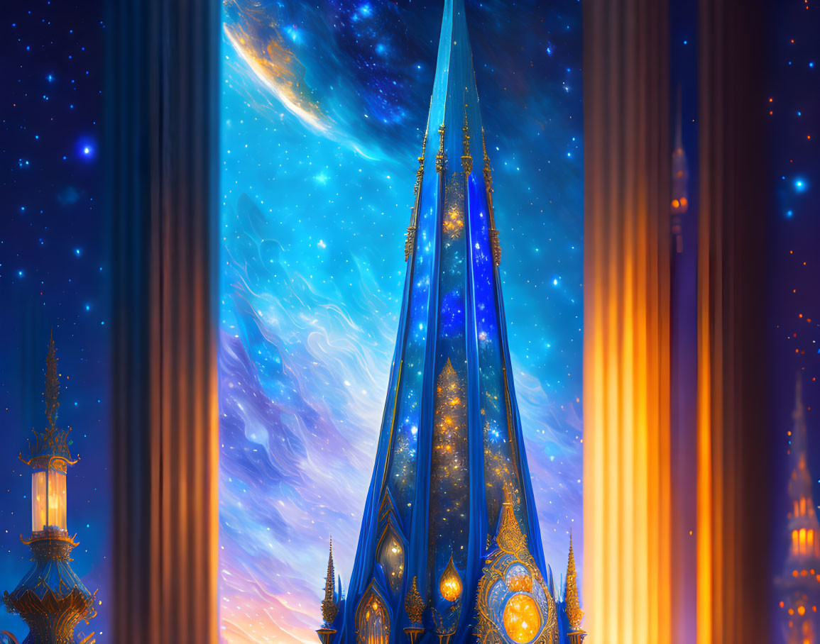 Fantasy scene with ornate spires in vivid colors against a starry sky