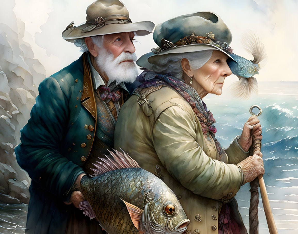 Old man and old woman driving a natatenia fish wit