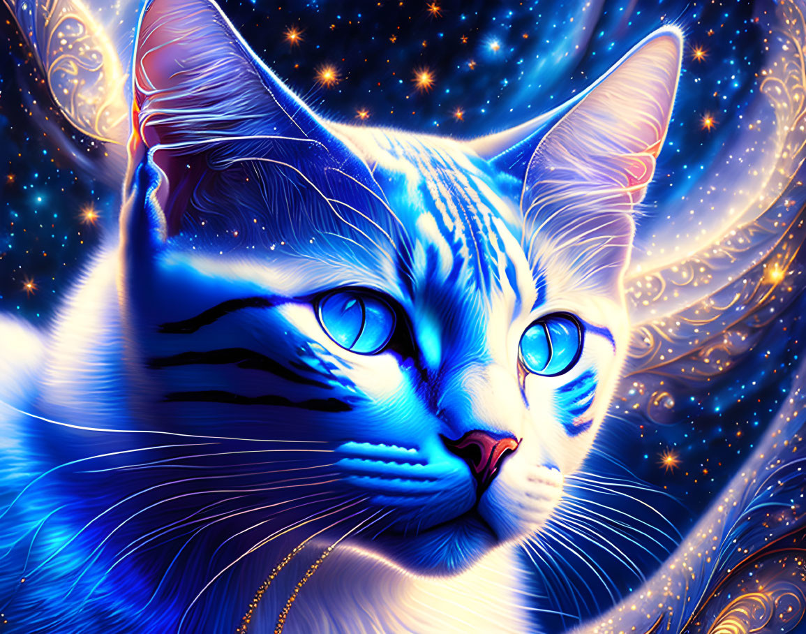 Cosmic blue-striped cat digital artwork with starry background