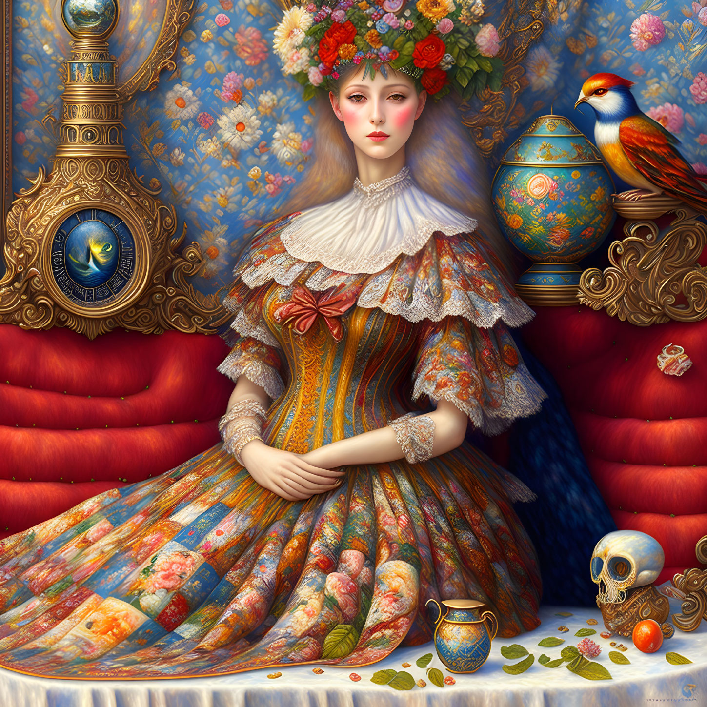 Surreal portrait of woman with floral headdress, bird, globe, and vibrant backdrop