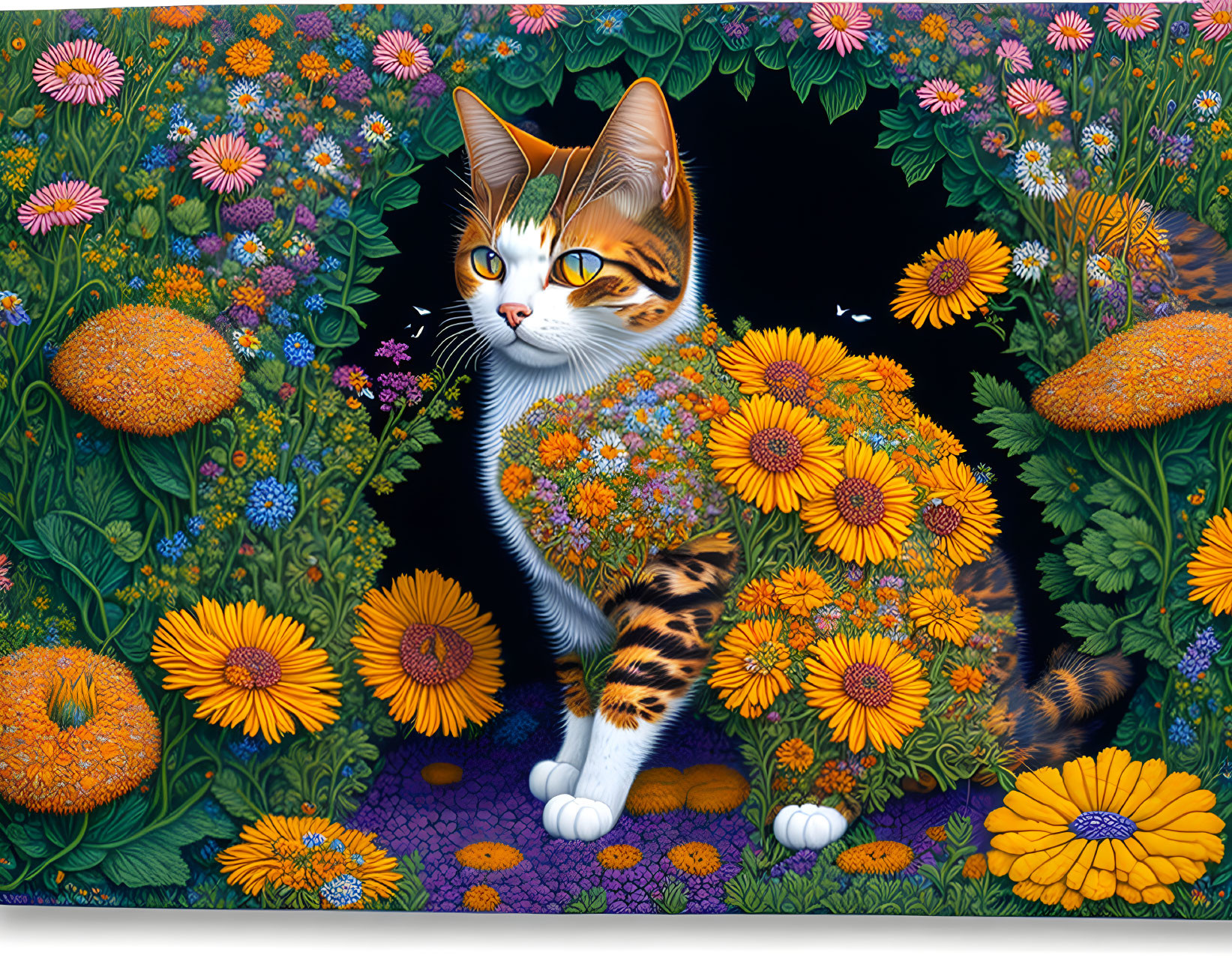 Colorful Cat Artwork with Flowers and Oranges in Lush Background