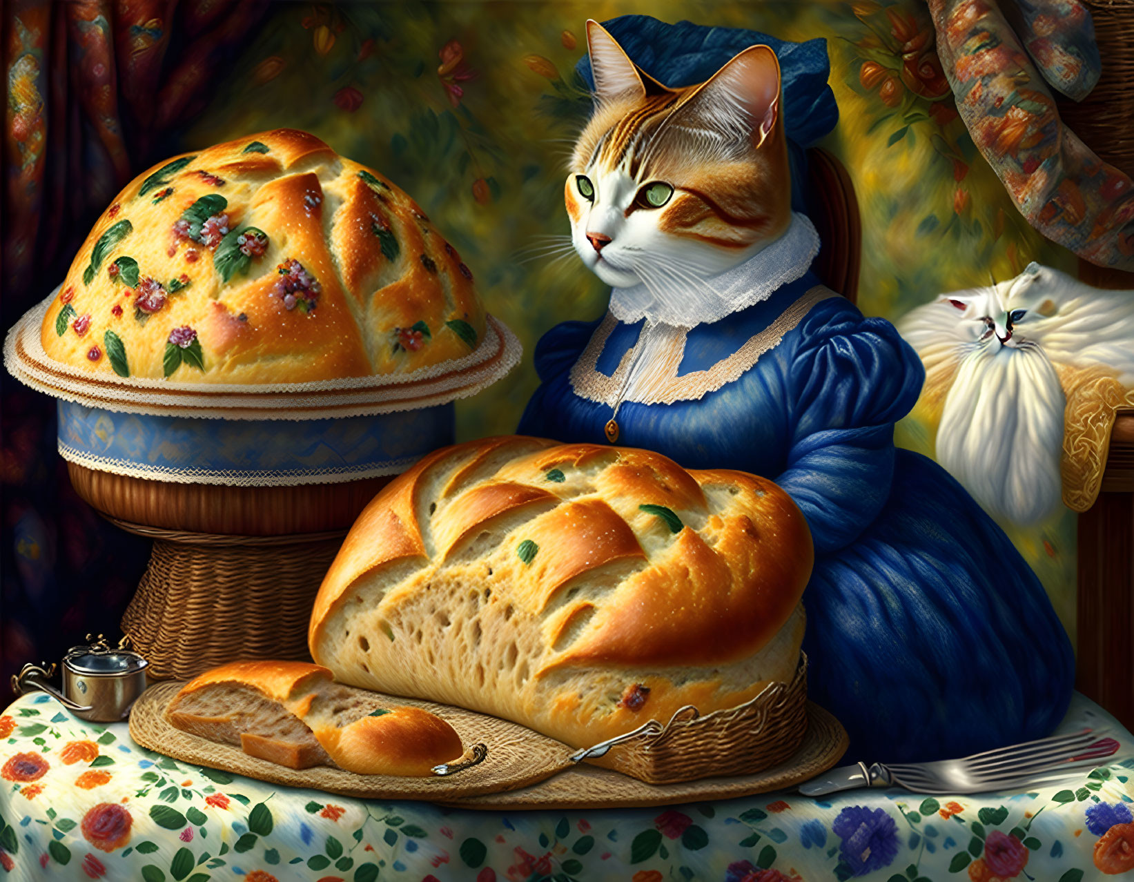 Classical painting of cats with bonnet at table with bread and jug