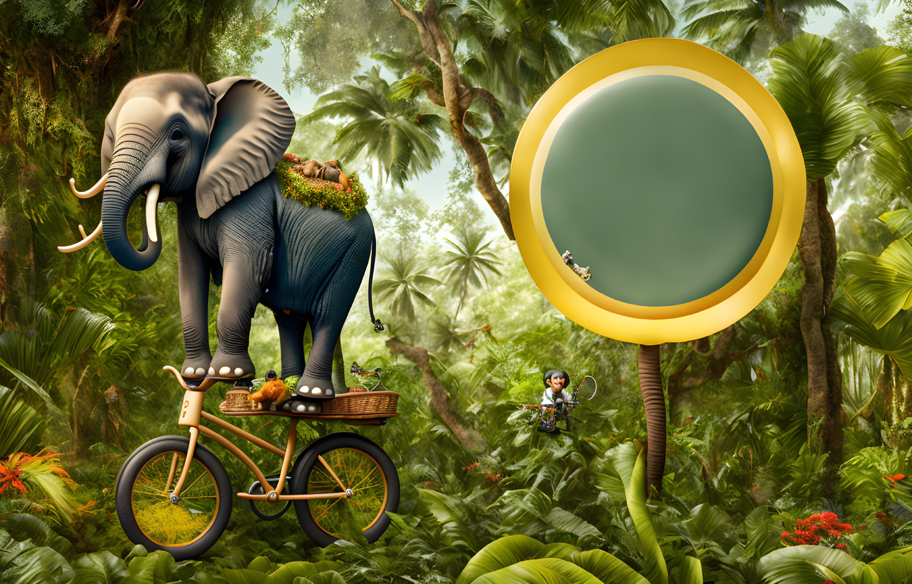 Elephant on Bicycle with Fruit in Jungle Scene