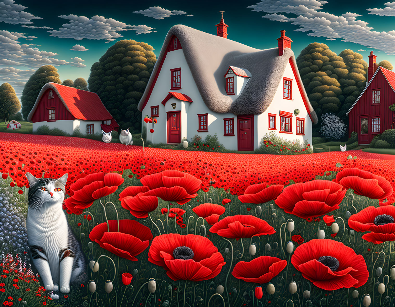 Colorful illustration: Cat in poppy field with houses and trees