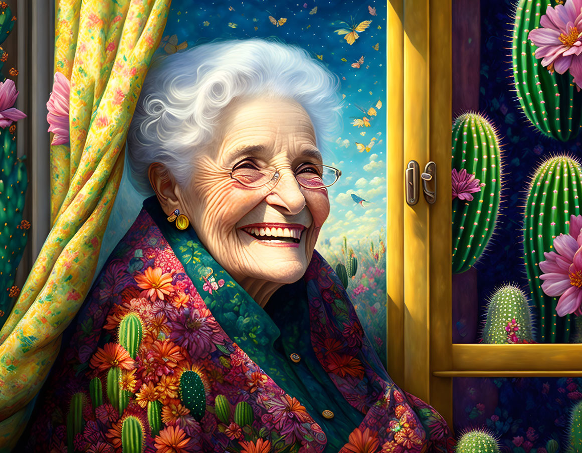 Elderly woman with white hair and glasses smiling by window with cacti