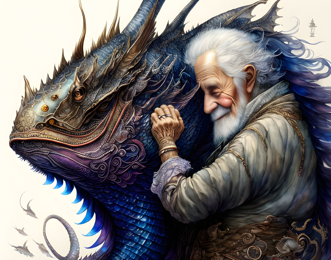 Elderly wizard touching majestic blue dragon with ornate scales