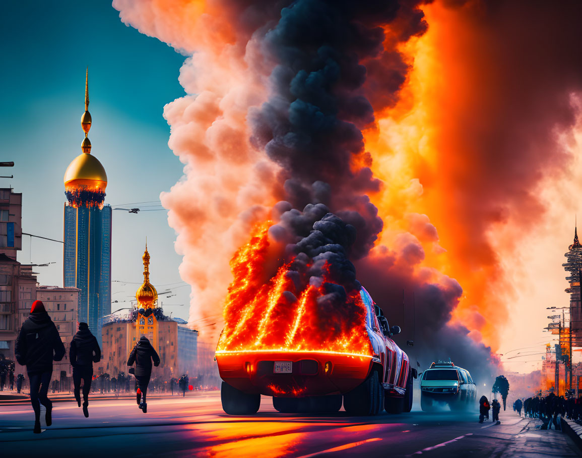 City street scene: car on fire, pedestrians fleeing, smoke against modern buildings at dusk.