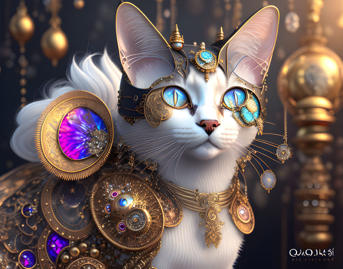 Ornately adorned cat with gold and jewel accessories and expressive blue eyes