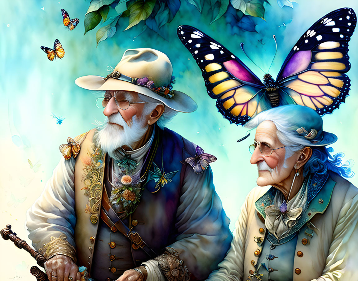 Elderly Couple in Whimsical Attire Surrounded by Butterflies and Foliage