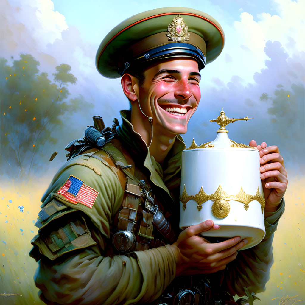 Soldier in uniform holding an ornate white and gold toilet on a smoky battlefield