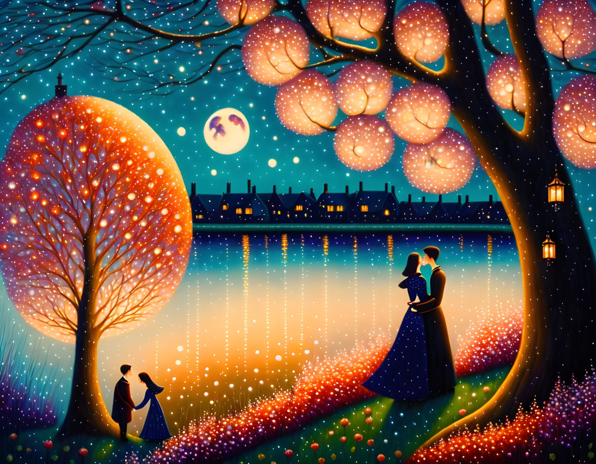 Couple by Lake Under Starry Sky and Luminous Trees