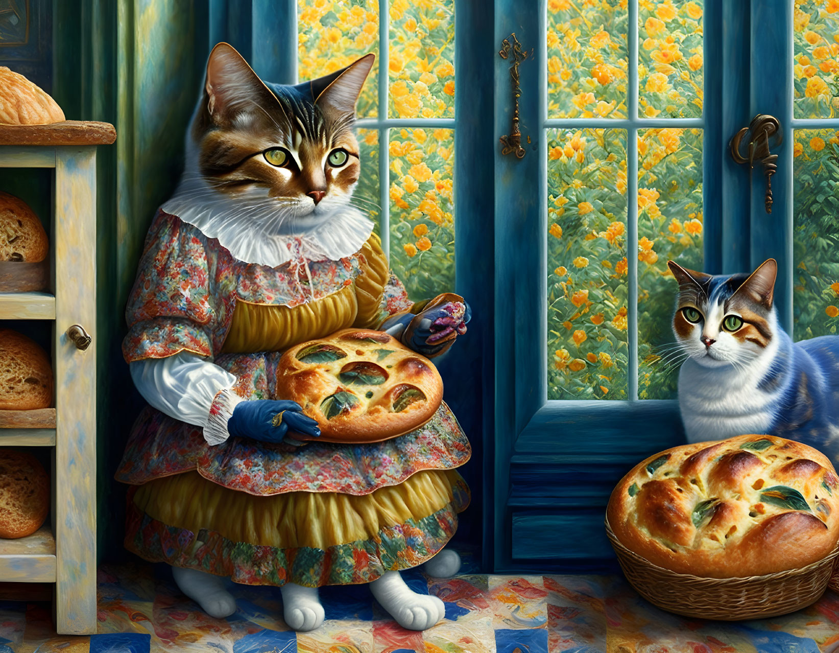 Anthropomorphic cat in dress with pie in kitchen scene with another cat and bread, floral backdrop