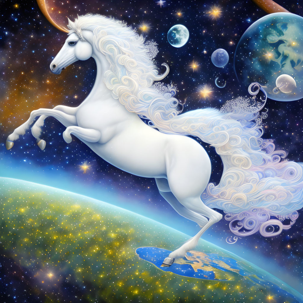 White unicorn with flowing mane in cosmic space scene