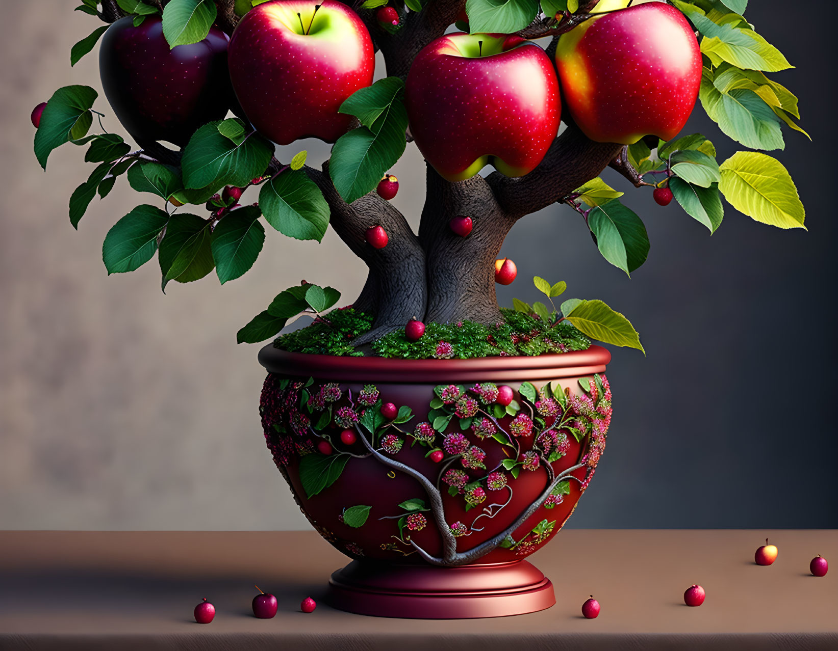 Miniature apple tree with ripe red apples in ornate vase surrounded by fallen fruit