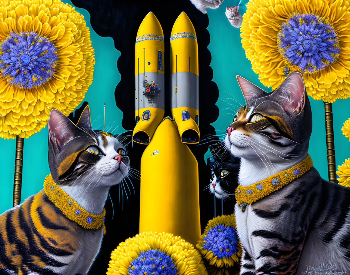 Two Cats with Yellow Collars Surrounded by Flowers and Rocket on Teal Background