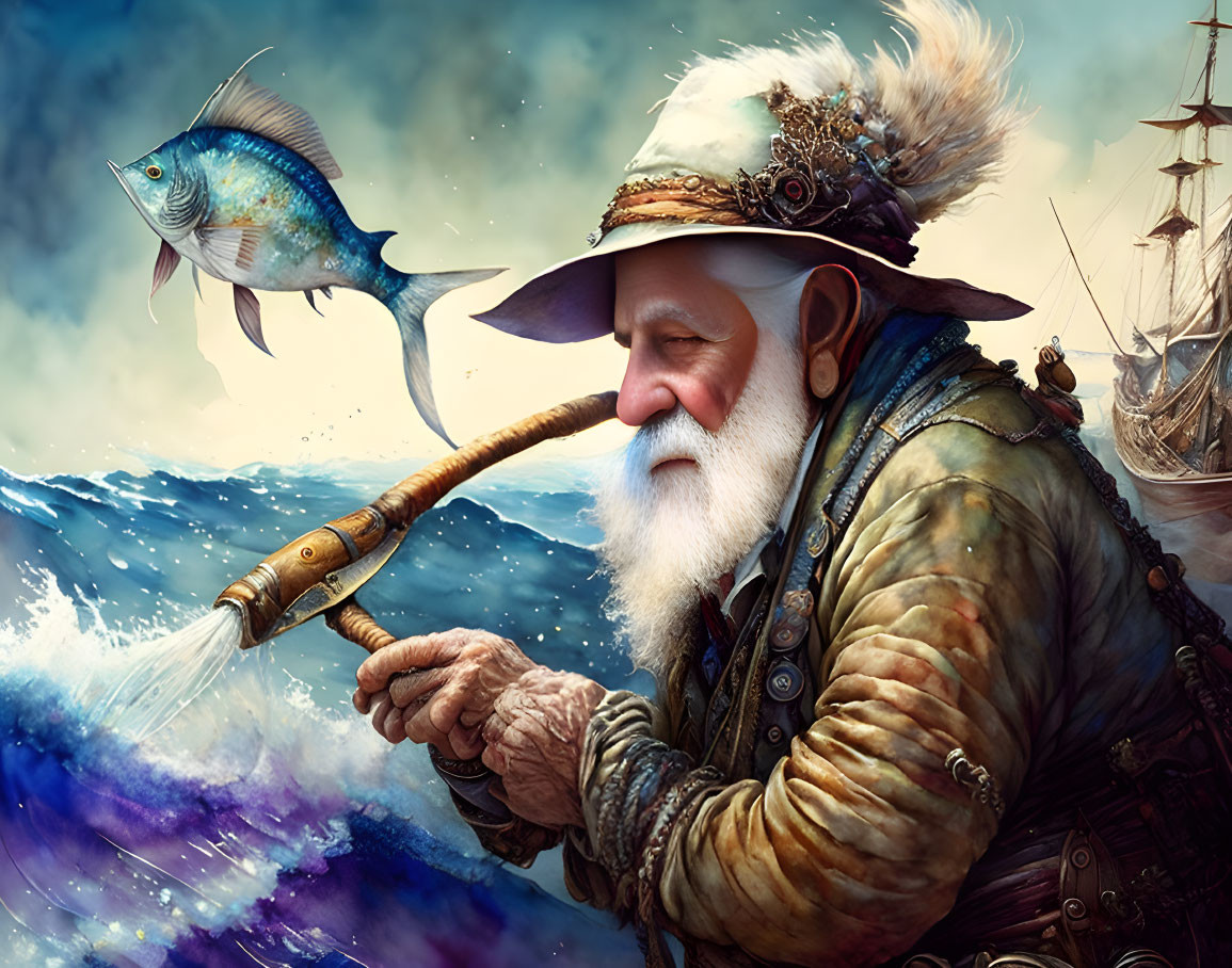 Elderly seafaring man with fish-shaped smoking pipe by ship and sea