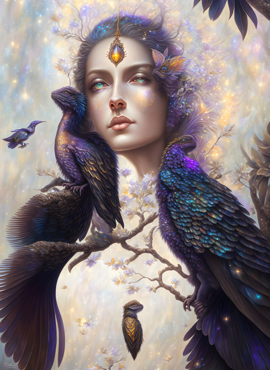 Fantastical portrait of woman with violet eyes and gemstone forehead piece surrounded by black birds and bloss