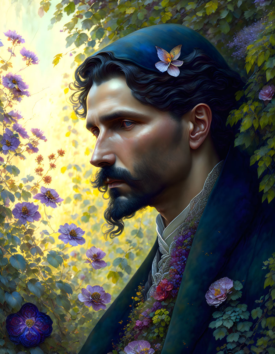 Dark-haired man with beard surrounded by flowers and vines in blue cloak with butterfly.