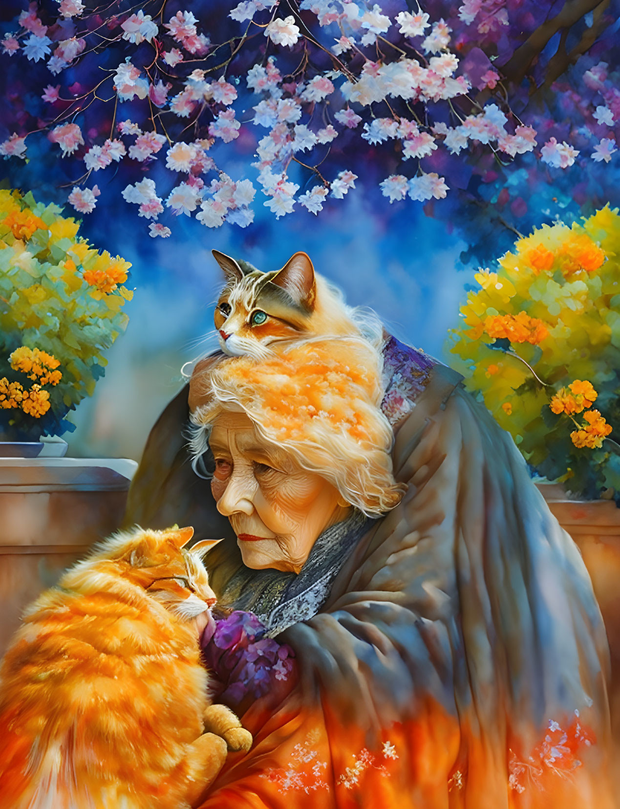 Elderly woman with shawl cuddling two cats in flower garden