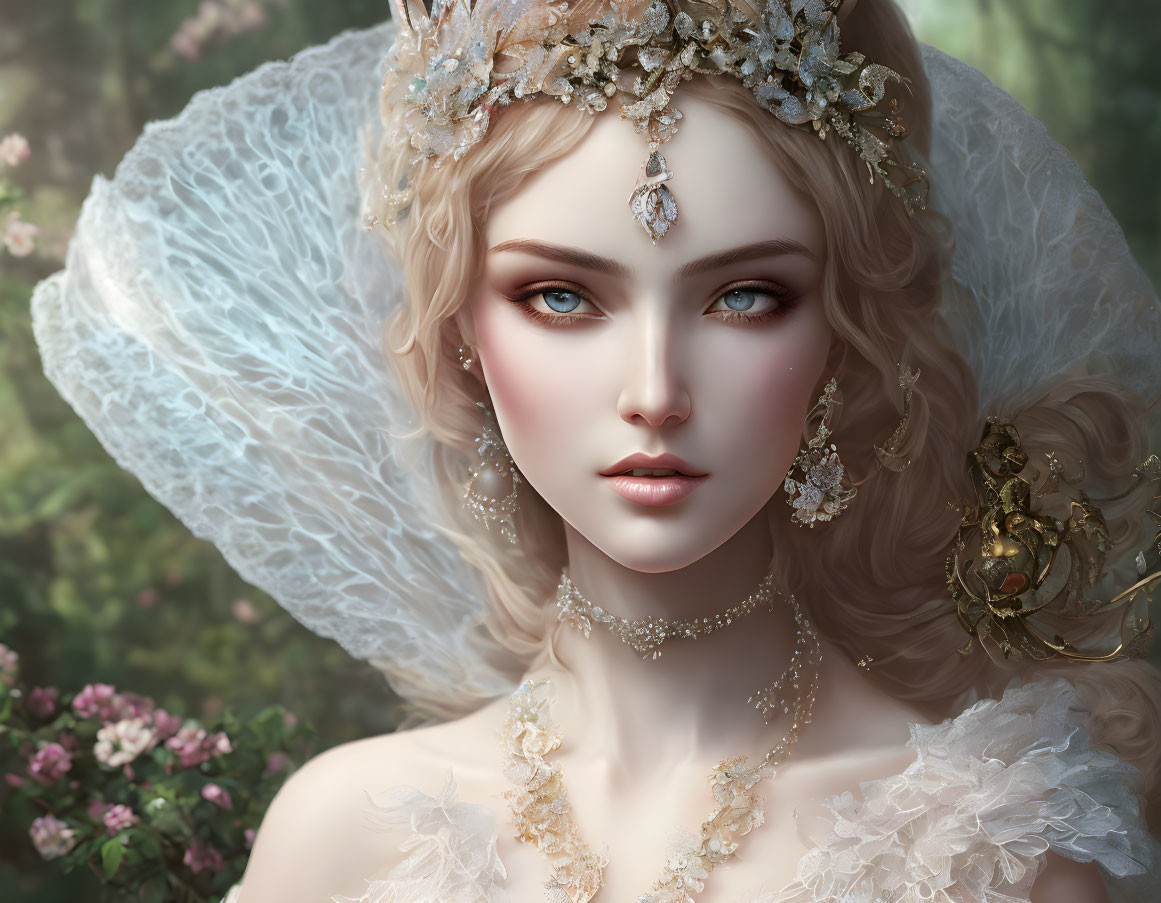 Digital Portrait of Woman in Vintage Lace Headpiece and Gold Jewelry