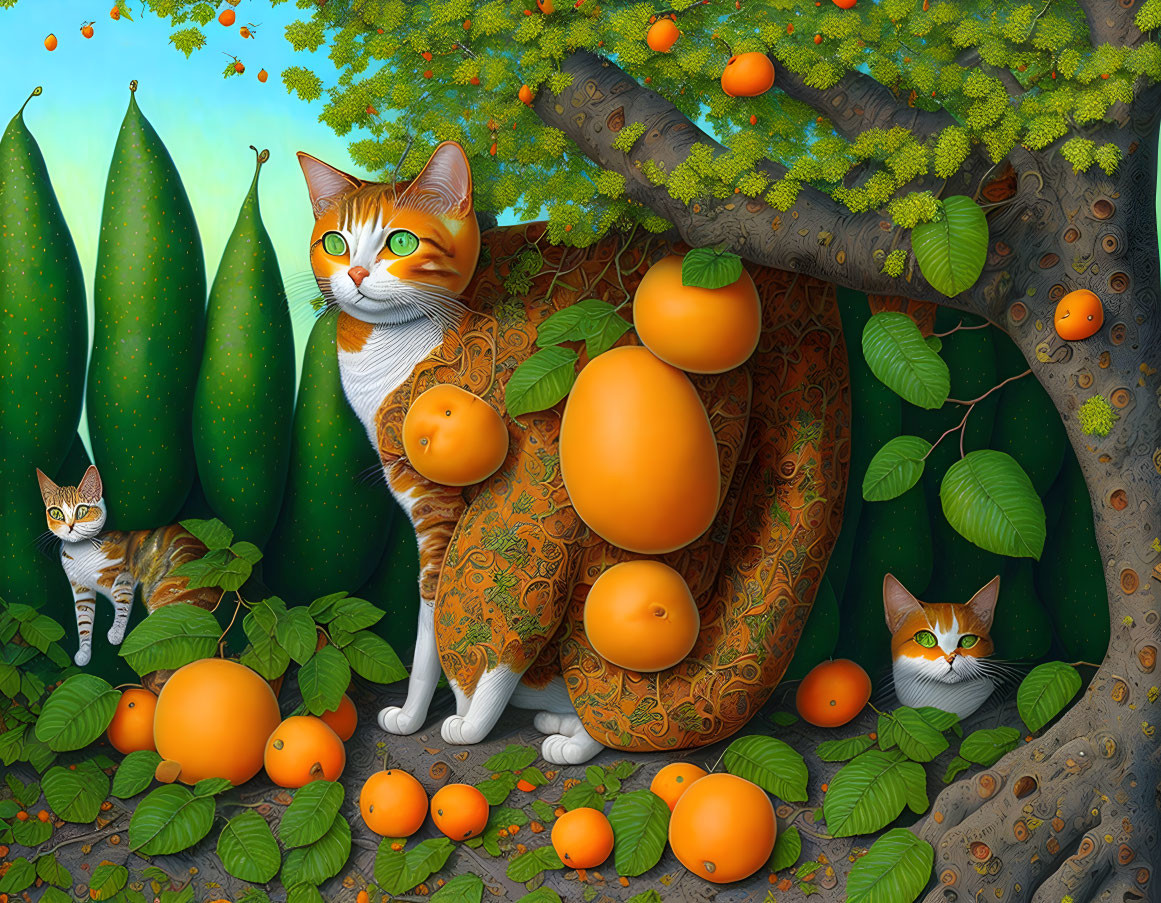 Orange-Patterned Cats with Oranges and Green Topiary Trees