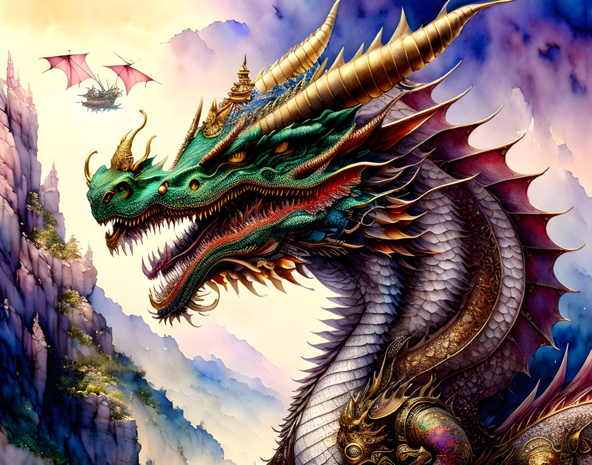 Colorful mythical dragon flying with temple and airship in cloudy skies