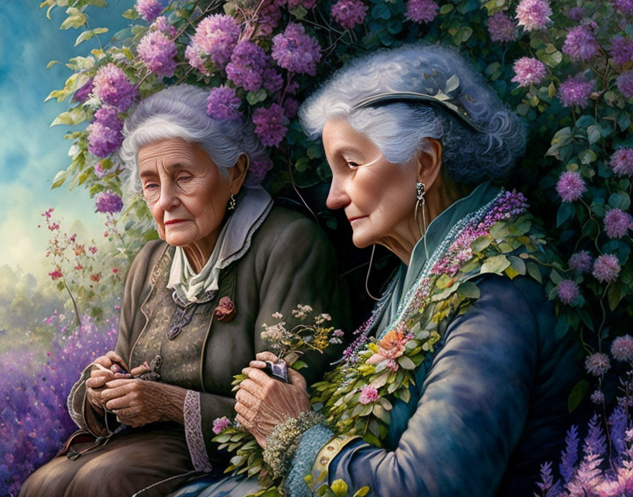 Elderly women knitting surrounded by purple flowers