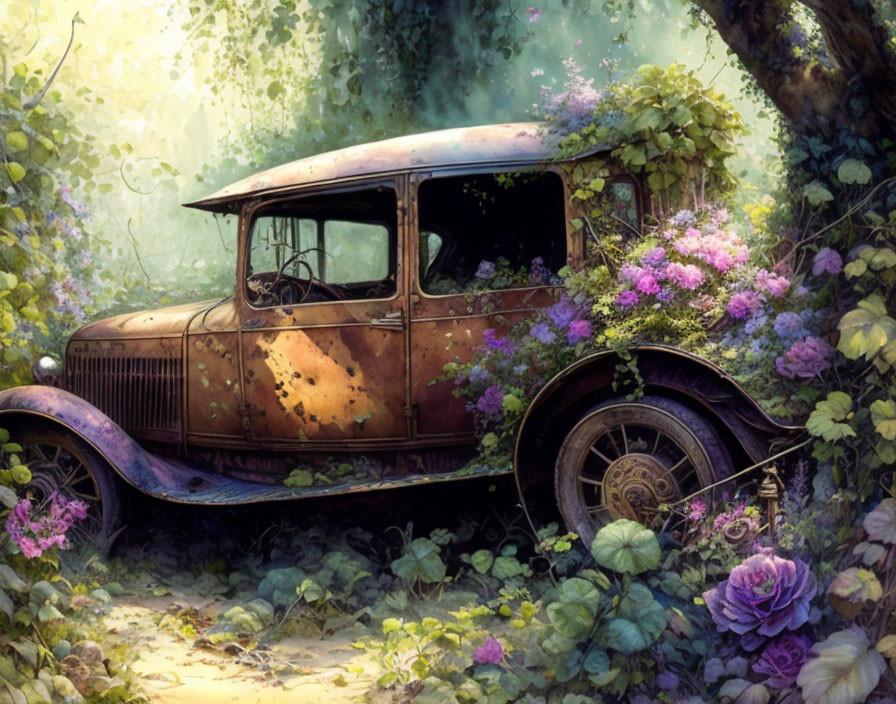 Rusty car covered in foliage in vibrant forest