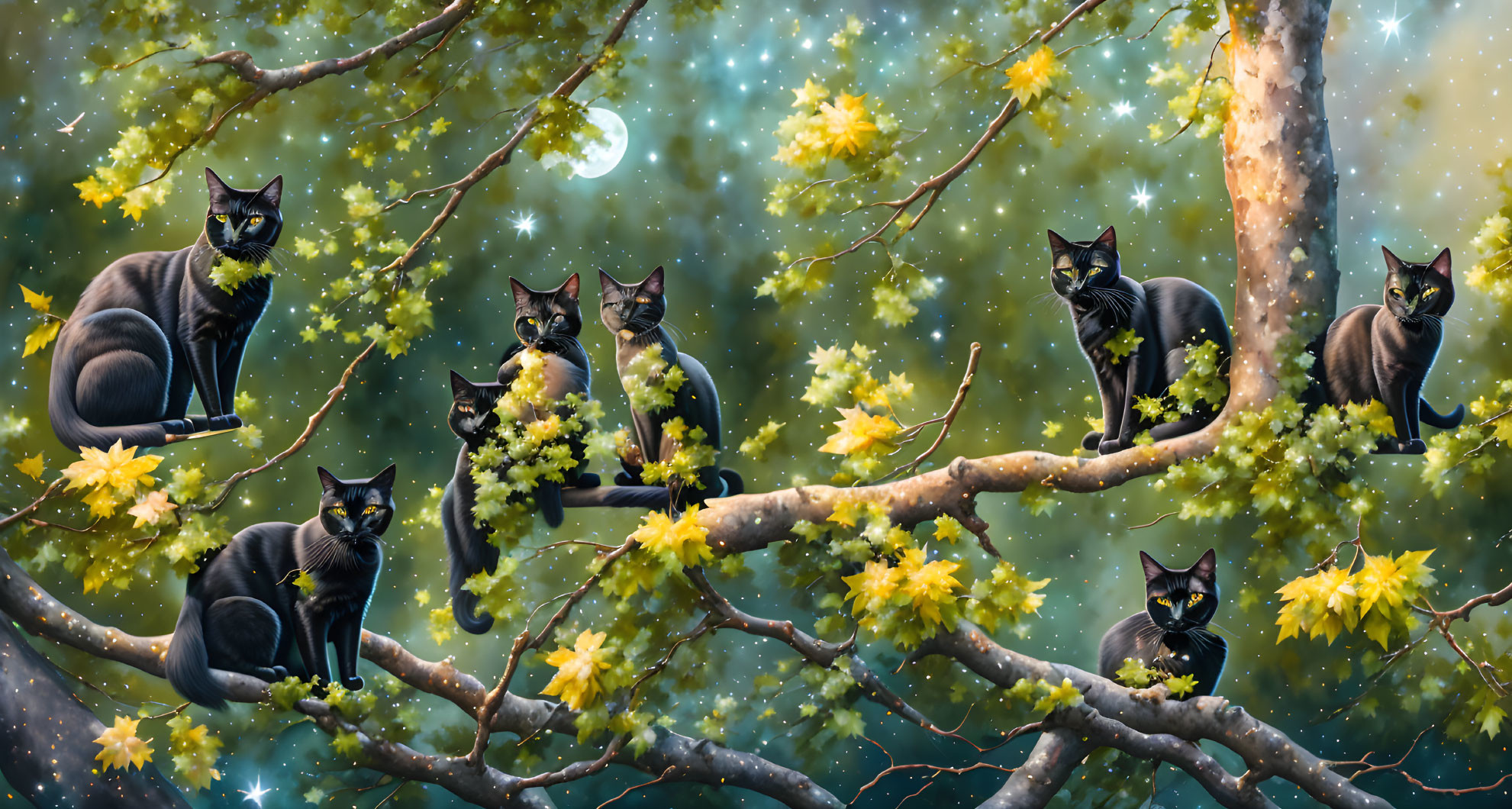 Six black cats with yellow eyes on branches under full moon.