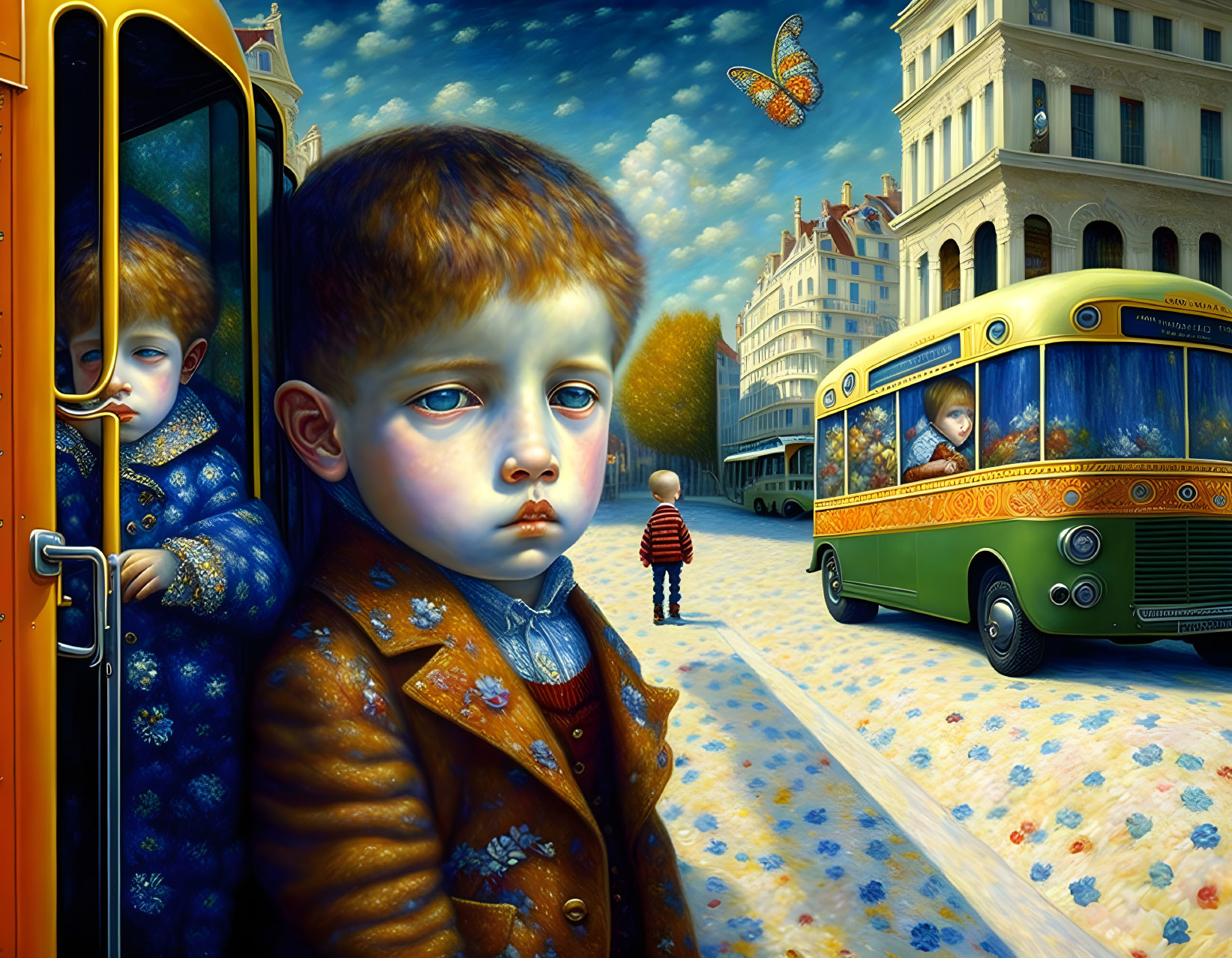 Surreal painting of child by green bus in urban setting