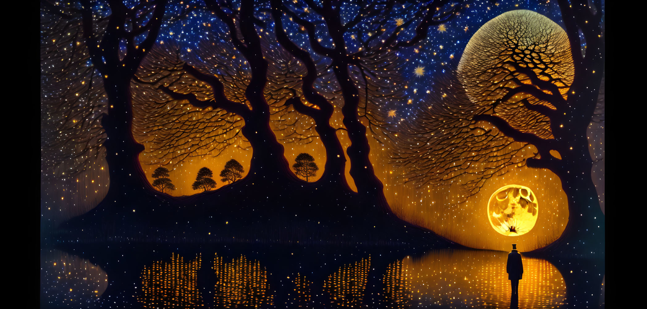 Silhouette of person under starry sky with glowing moon and tree reflections.