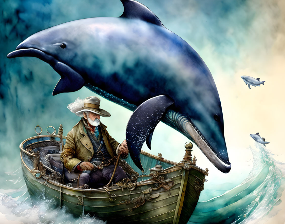 Bearded Fisherman in Boat with Dolphin and Flying Fish on Dramatic Sea Sky Backdrop