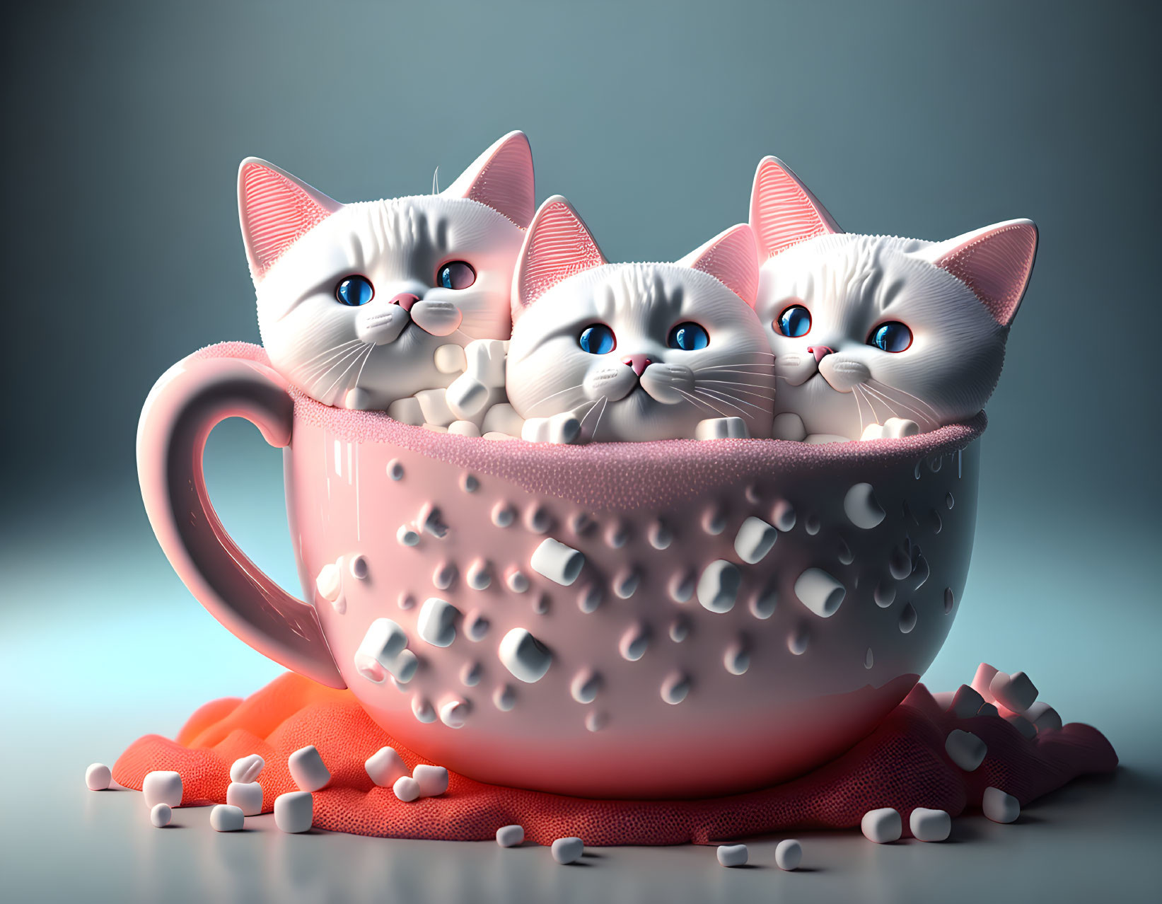 Three cute kittens in pink cup with blue eyes on blue background