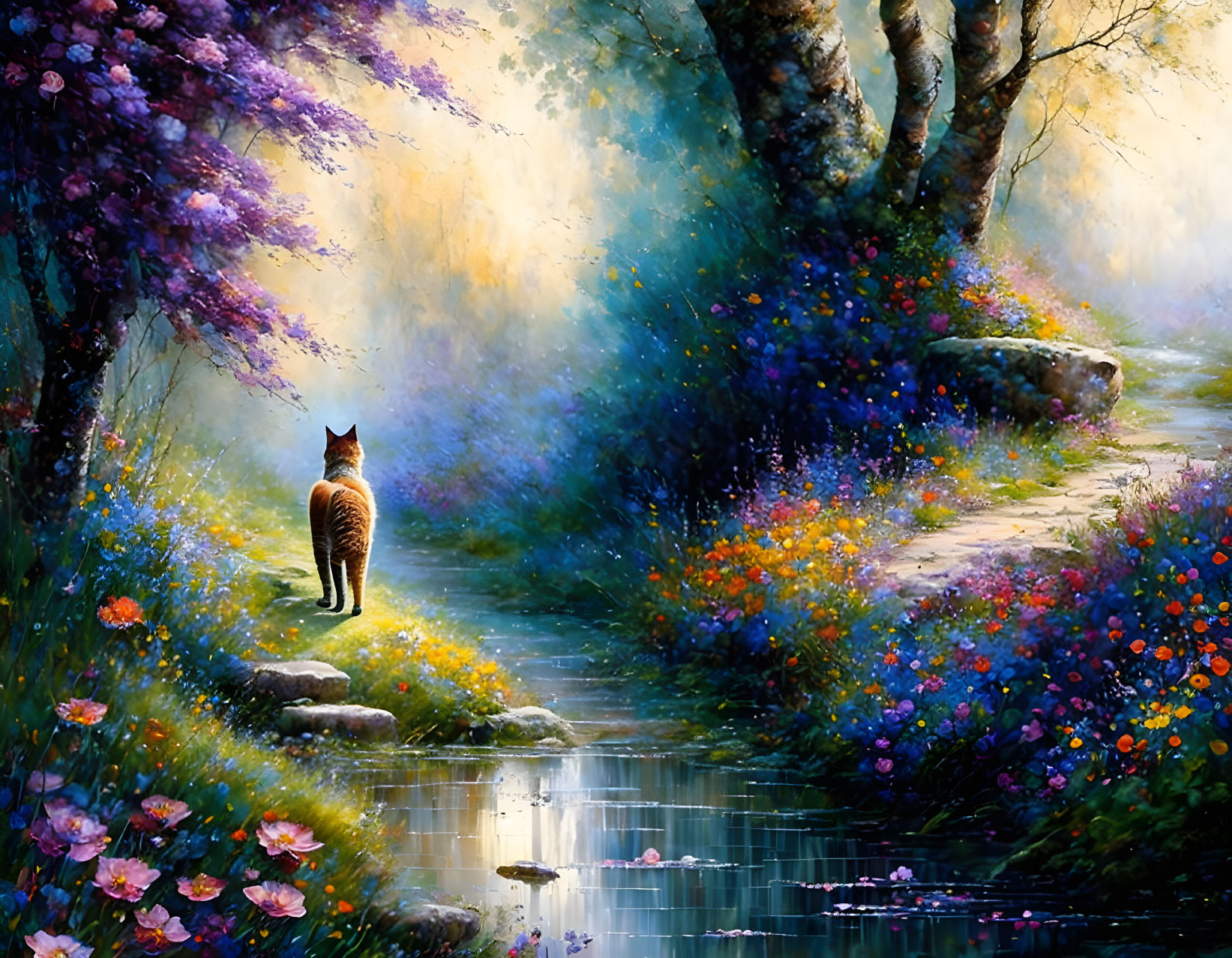 Cat by Stream in Vibrant Forest with Blooming Flowers