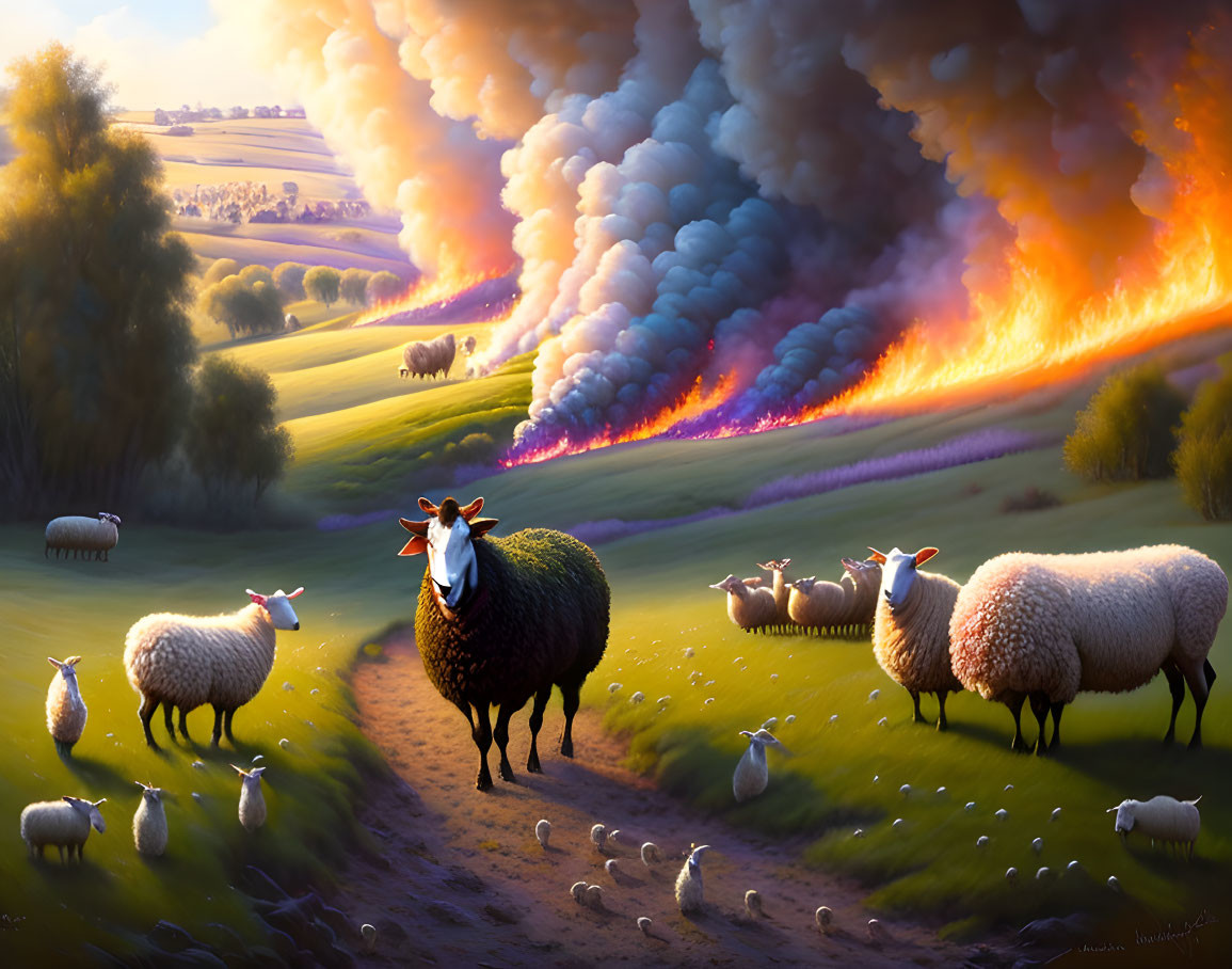 Sheep grazing in pastoral scene with approaching wildfire