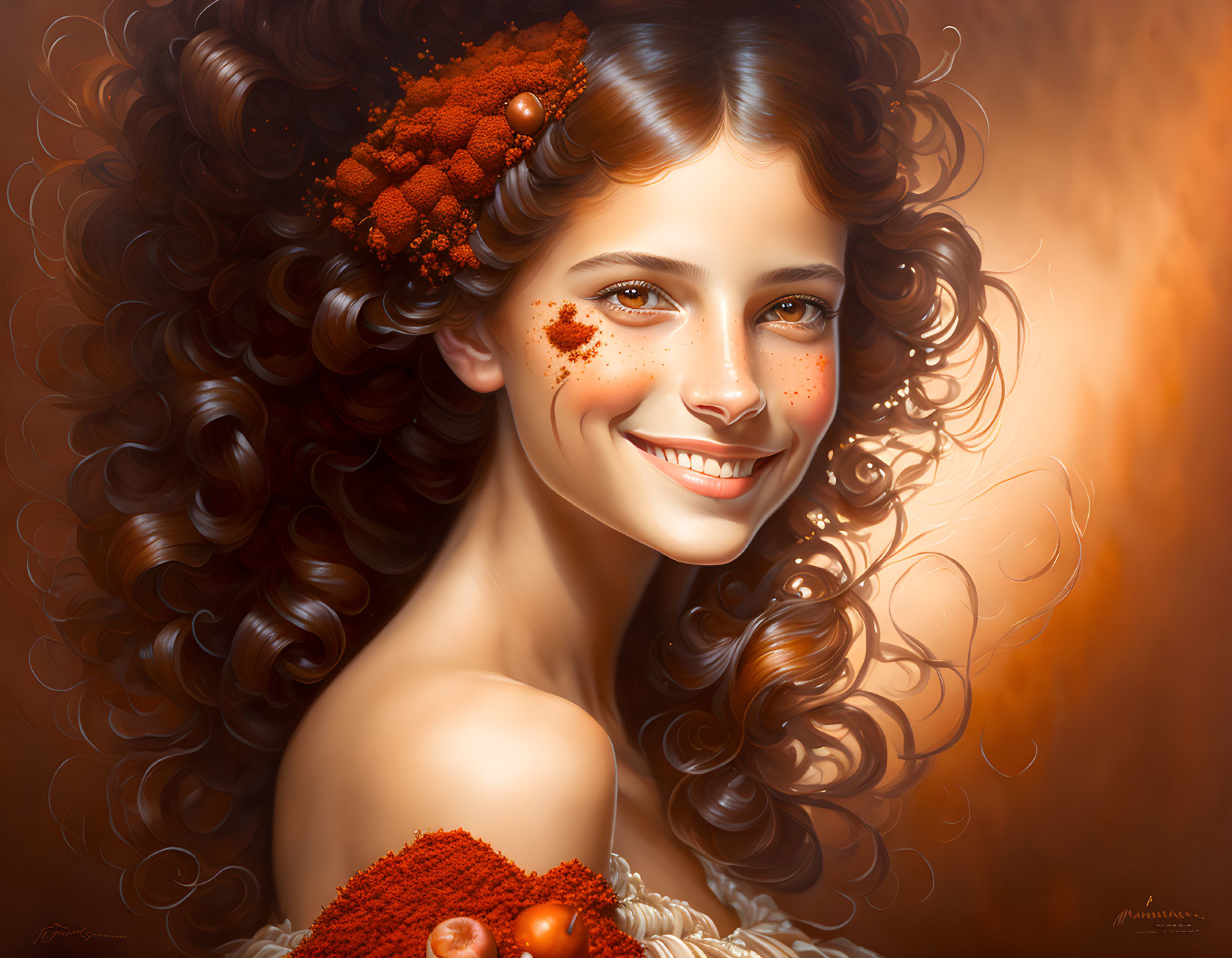 Smiling woman with curly hair and red flowers in digital painting