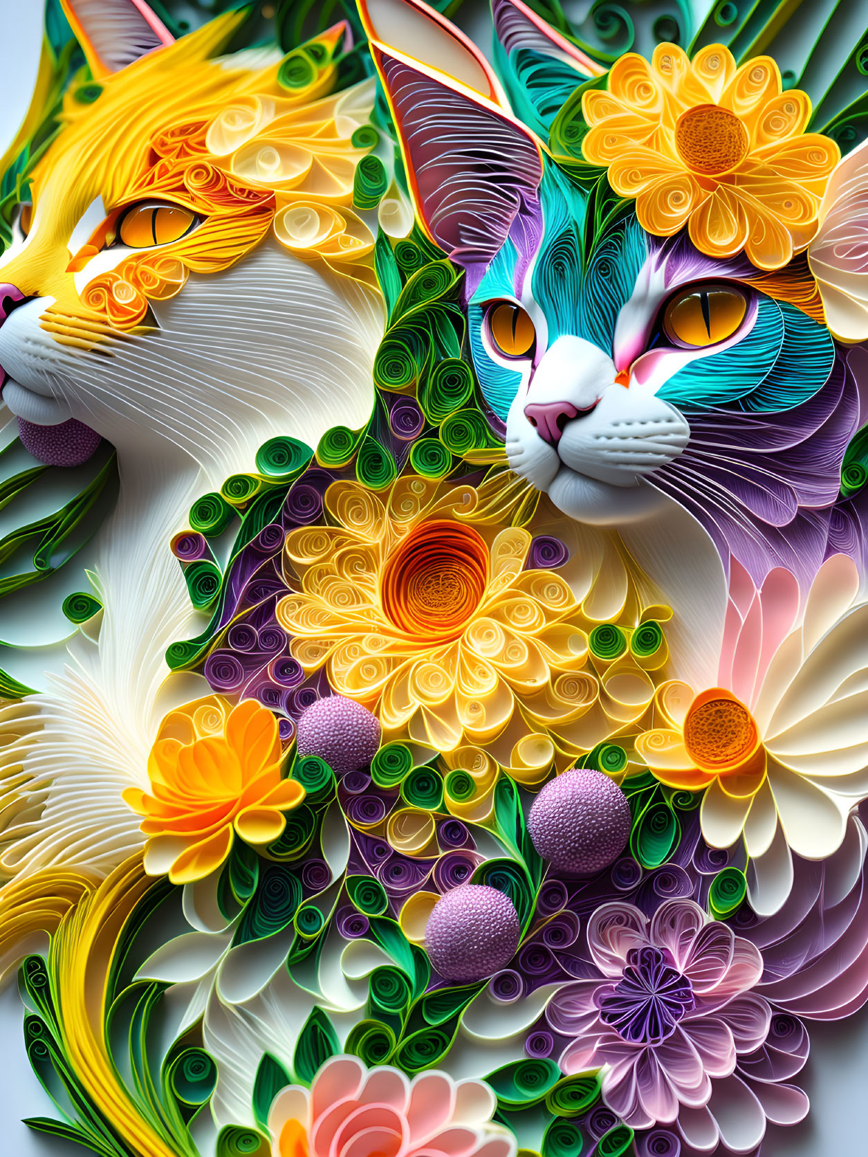 Colorful Paper Art: Stylized Cats with Floral Patterns