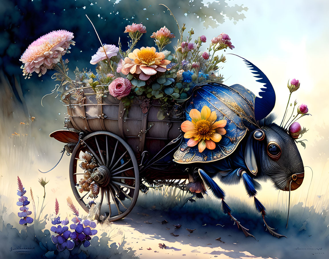 Colorful Flower Cart Pulled by Armored Beetle on Blue Background