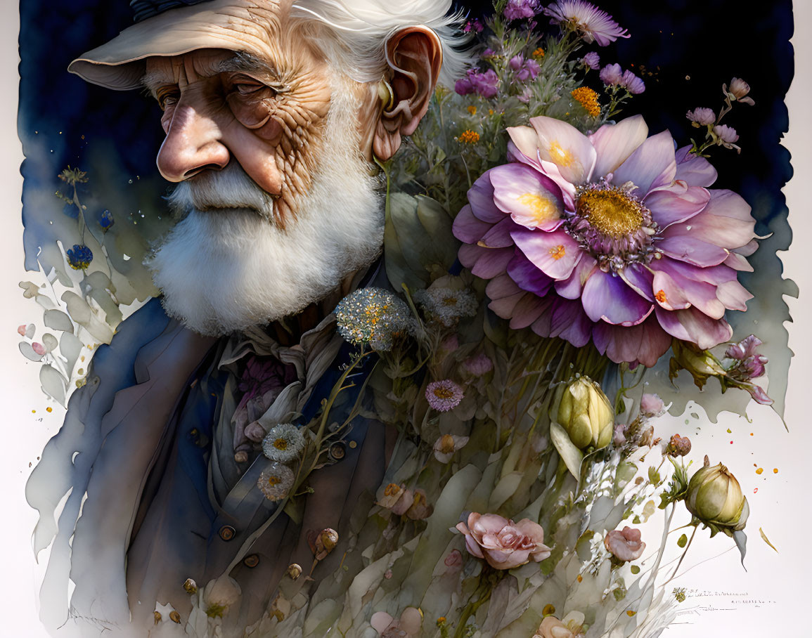 Elderly man surrounded by flowers and lights in serene setting