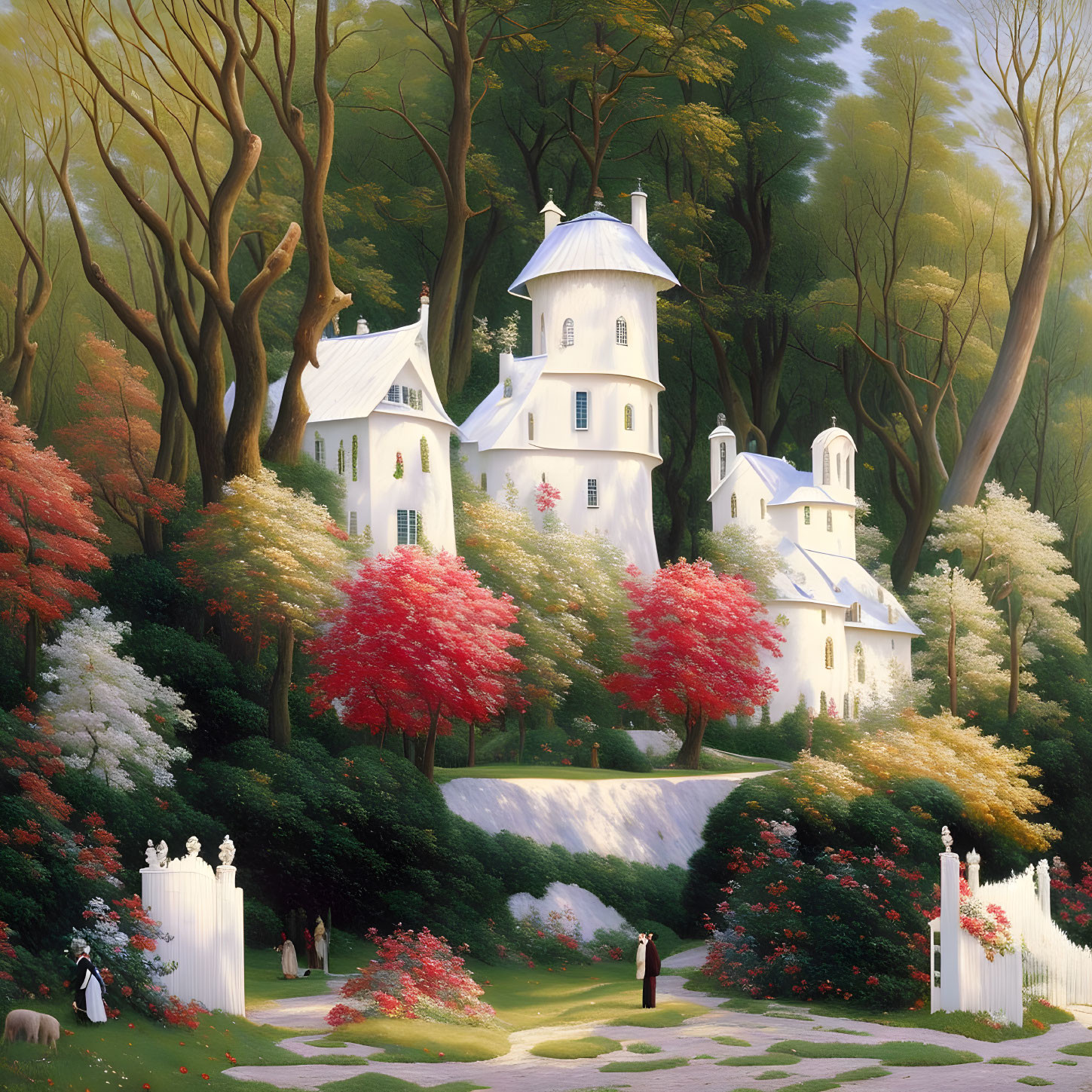 Fantasy castle in lush landscape with couple walking