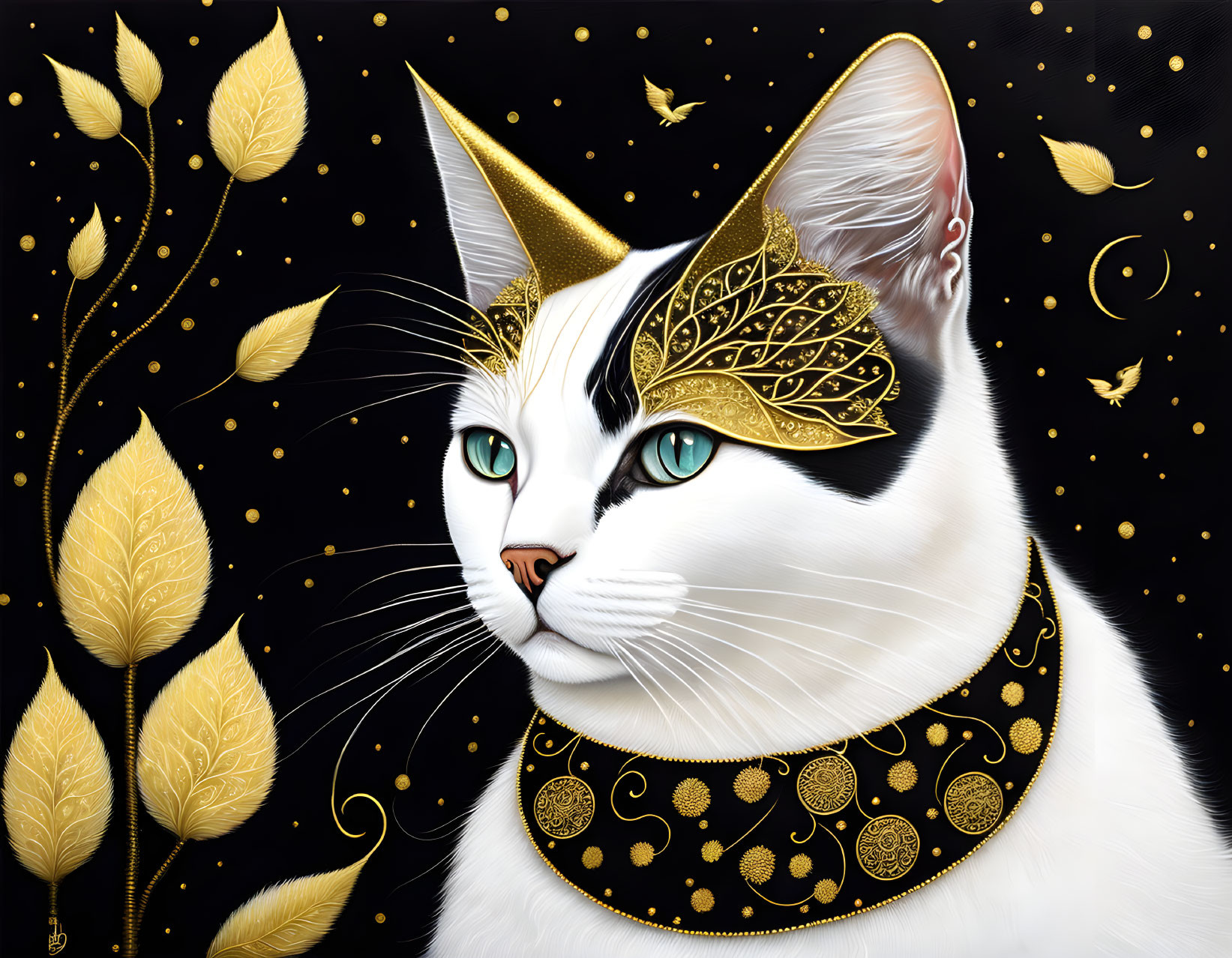 White Cat with Golden Crown and Collar on Starry Background