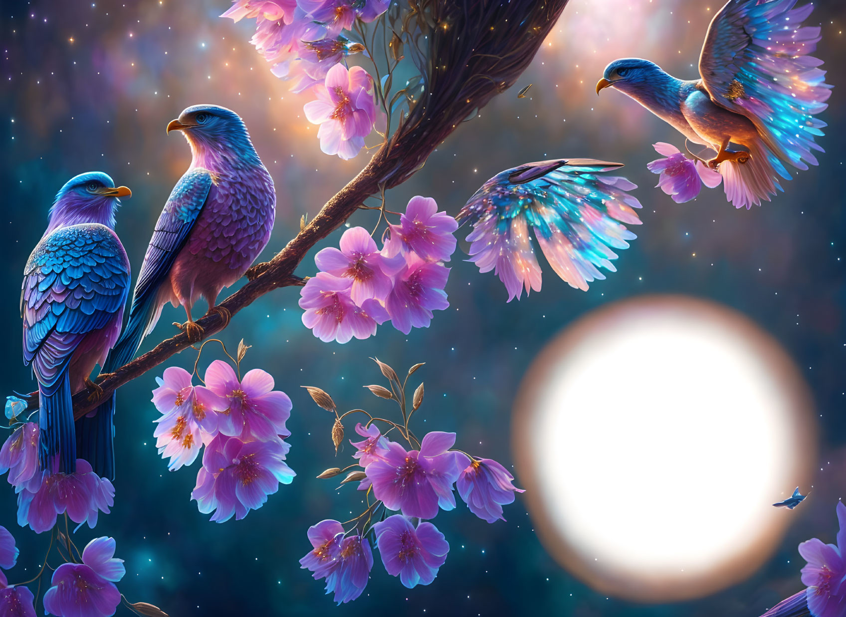 Colorful Birds Amid Cherry Blossoms and Twilight Sky with Moon