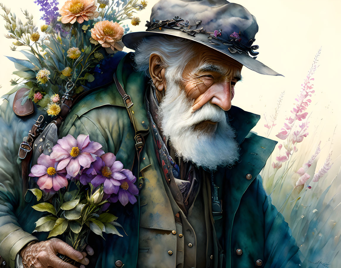 Elderly man with beard and rifle in floral hat and jacket