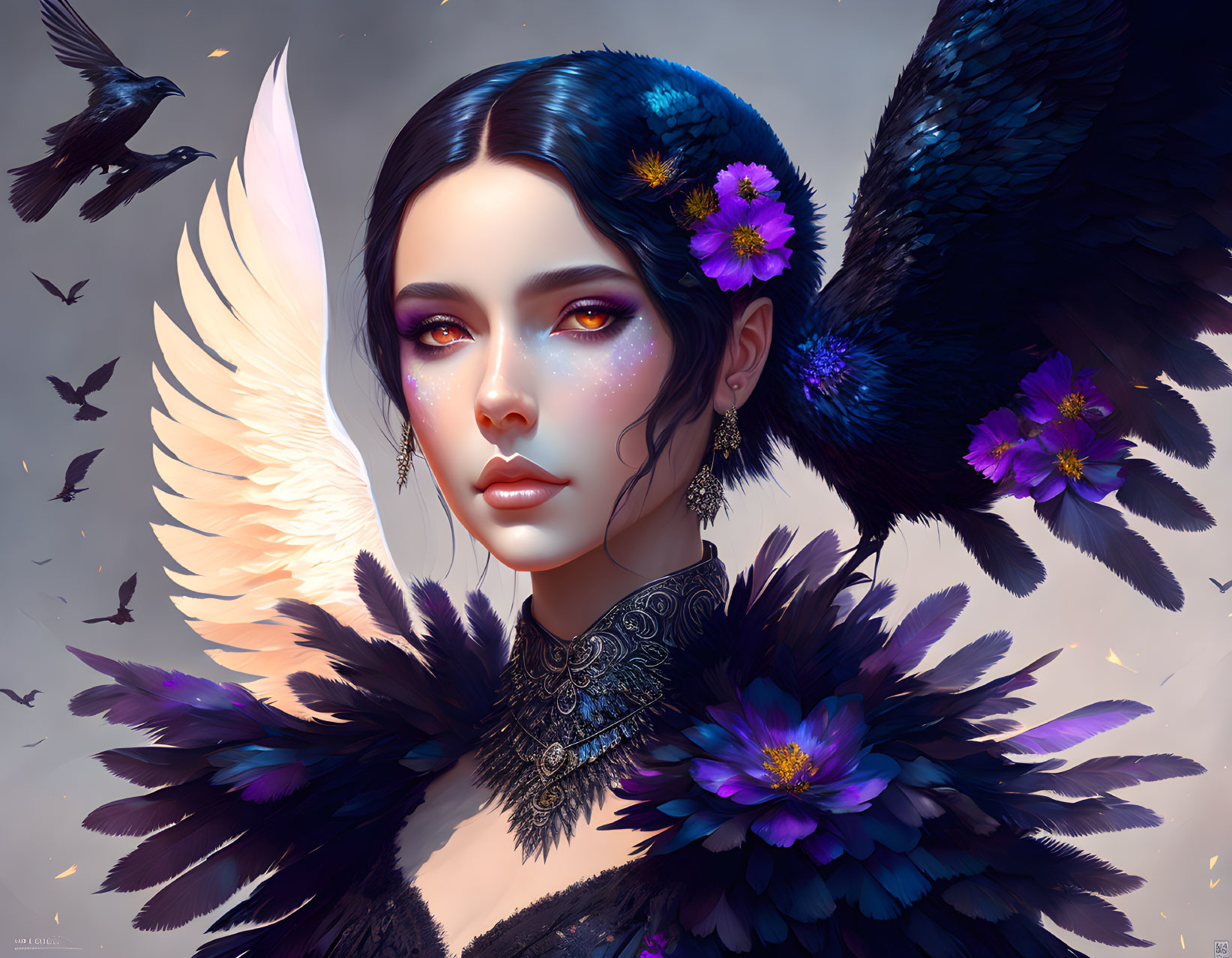 Dark-haired woman with floral hair accessories and raven in twilight setting.